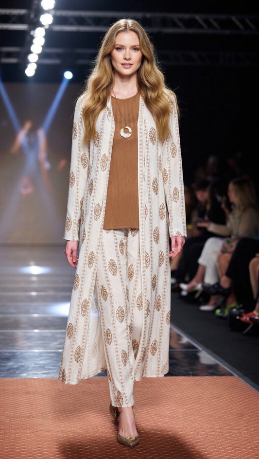 modishly 3-pIece Co-ord Set with light brown inner top & printed white trouser & long shrug in jersey Fabric. Modishly USA