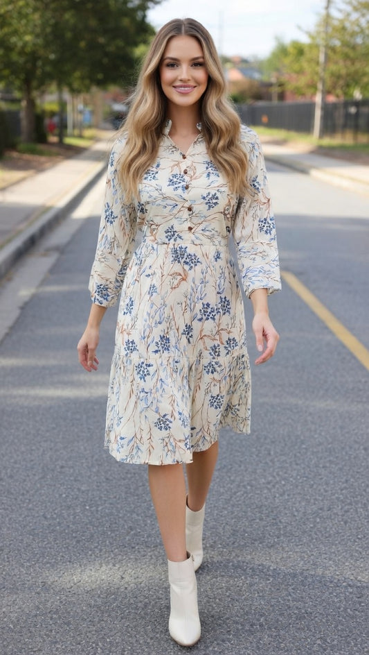 Image ALT Text
Woman wearing Modishly elegant soft cream floral midi dress with botanical print and modest feminine fashion style