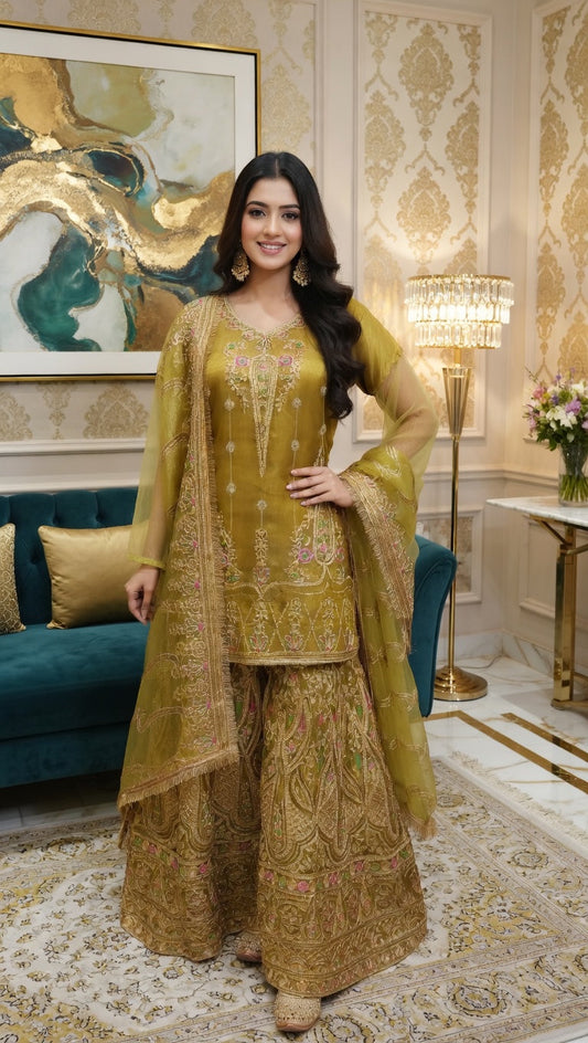 An Olive Green Luxury Embroidered Designer Sharara dress for Eid, Wedding & Party wear Modishly USA