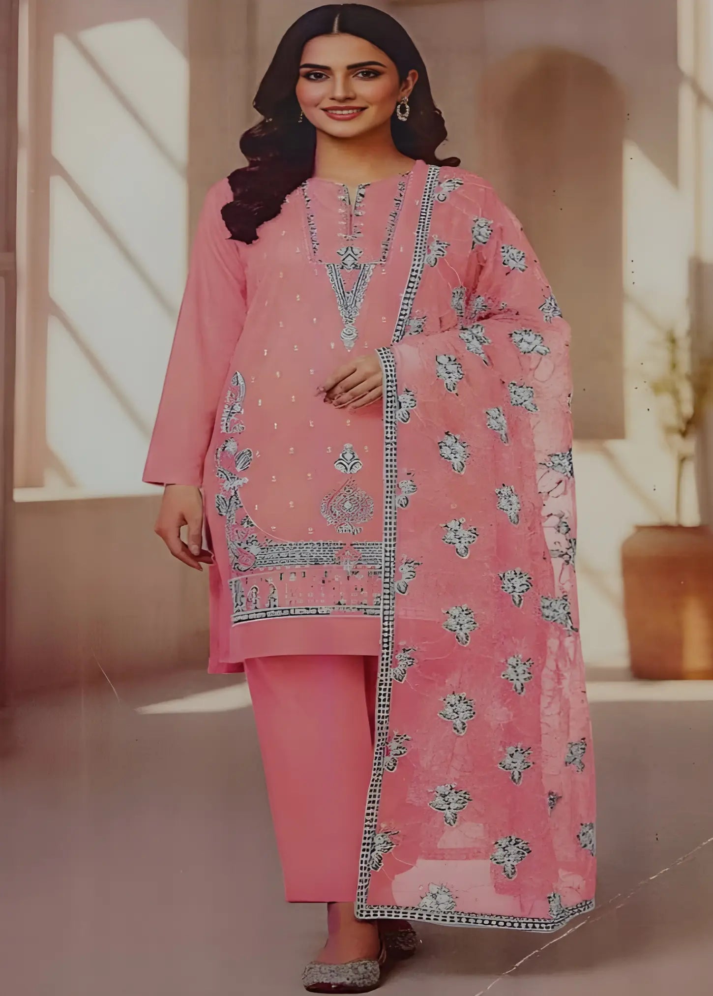 Elegant Pink Embroidered Lawn Suit with Printed Dupatta Modishly Outlet