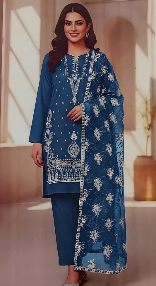 Classic Blue Embroidered Lawn Suit with Printed Dupatta Modishly Outlet