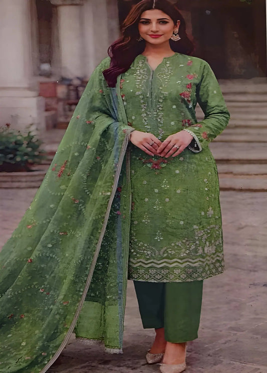Olive Green Embroidered Lawn Suit – 3 Piece Stitched Modishly Outlet