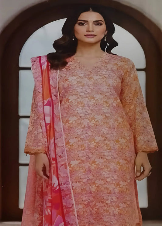Elegant Peach Floral Printed Lawn Suit – 3 Piece Stitched Modishly Outlet
