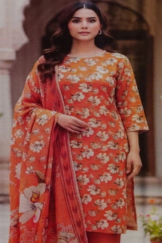 Zesty Orange Floral Printed Lawn Suit – 3 Piece Stitched Modishly Outlet