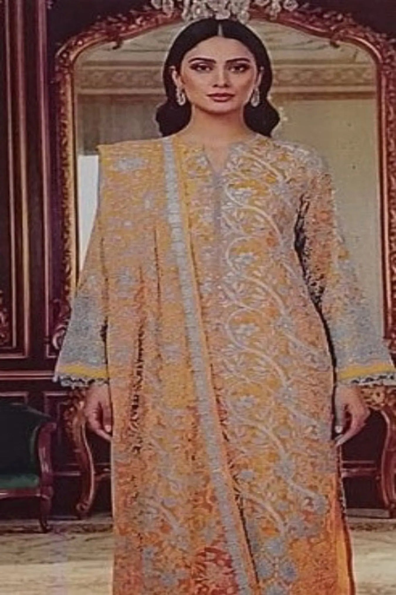 Elegant Golden Embroidered Lawn Suit – 3 Piece Stitched Modishly Outlet