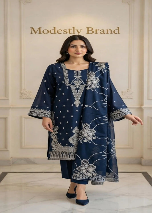 Midnight Blue Embroidered 3-Piece  Luxury Lawn Modishly USA