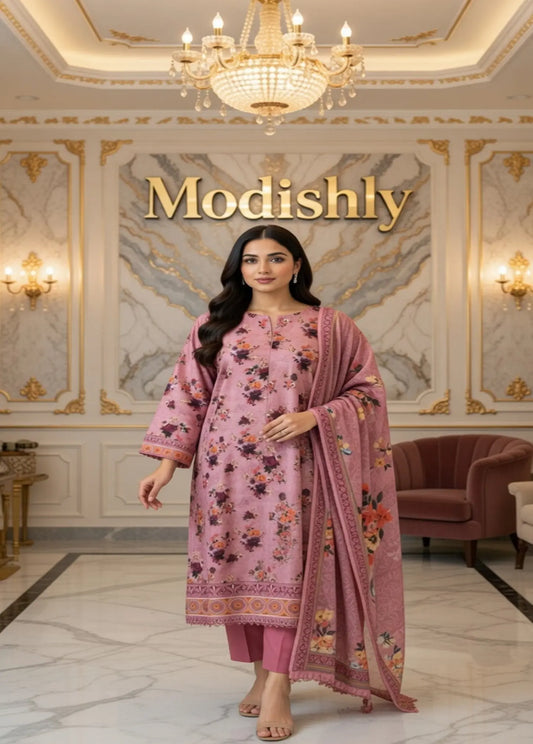 Pink Floral Print 3-Piece stitched Lawn suit Modishly USA