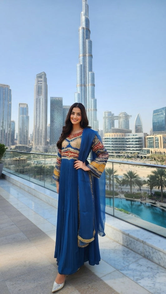 Modishly 3-pice Royal Blue Embroidered Maxi Dress with Dupatta Modishly USA