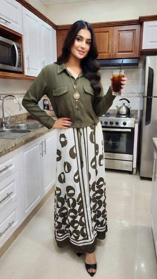 Modishly Olive Green Two-Piece Co-ord Set for Women | Shirt & Printed Long Skirt Set Modishly USA