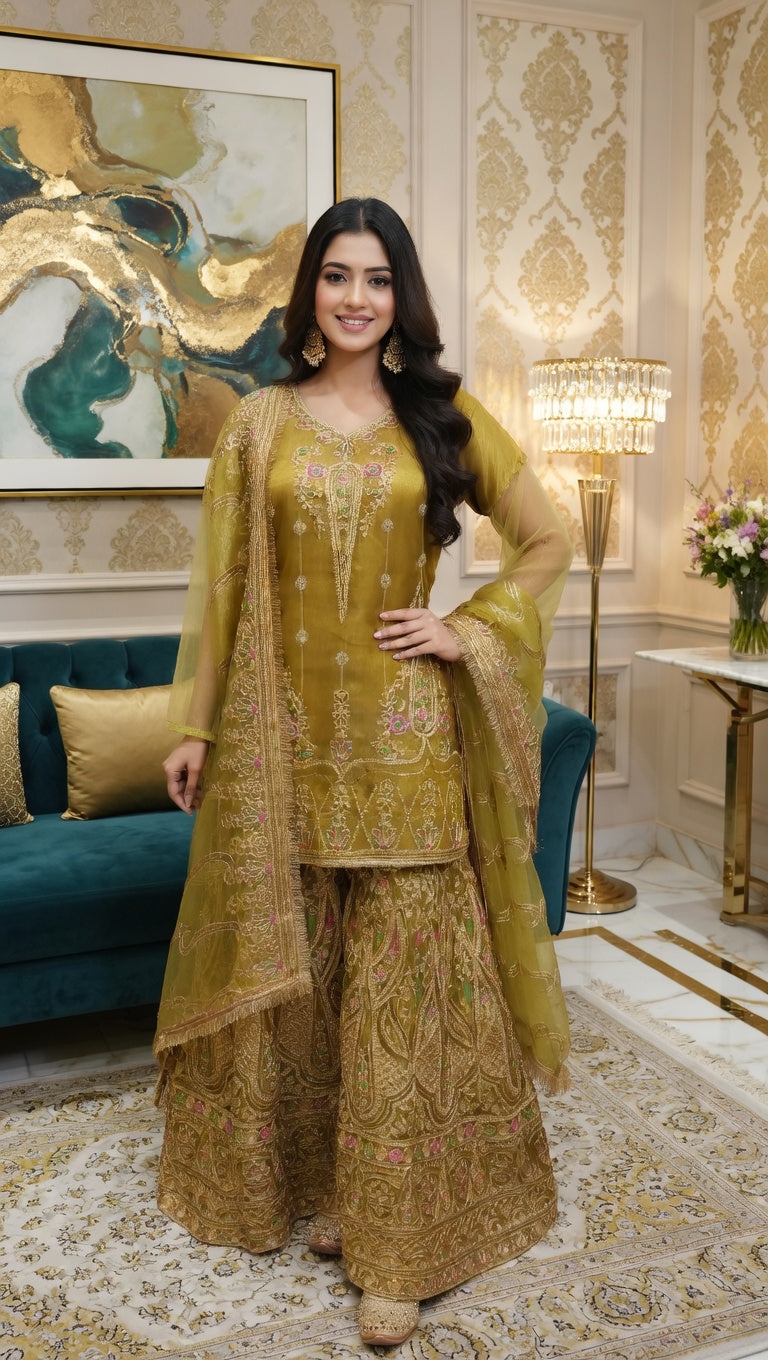 An Olive Green Luxury Embroidered Designer Sharara dress for Eid, Wedding & Party wear Modishly USA