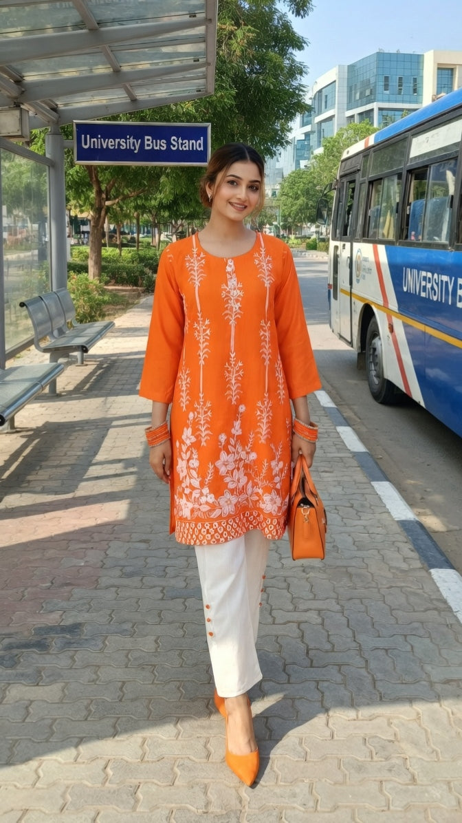 Modishly Ready to Wear Summer outfit, printed Orange kurta & White Linen Trouser Set for female. Modishly USA
