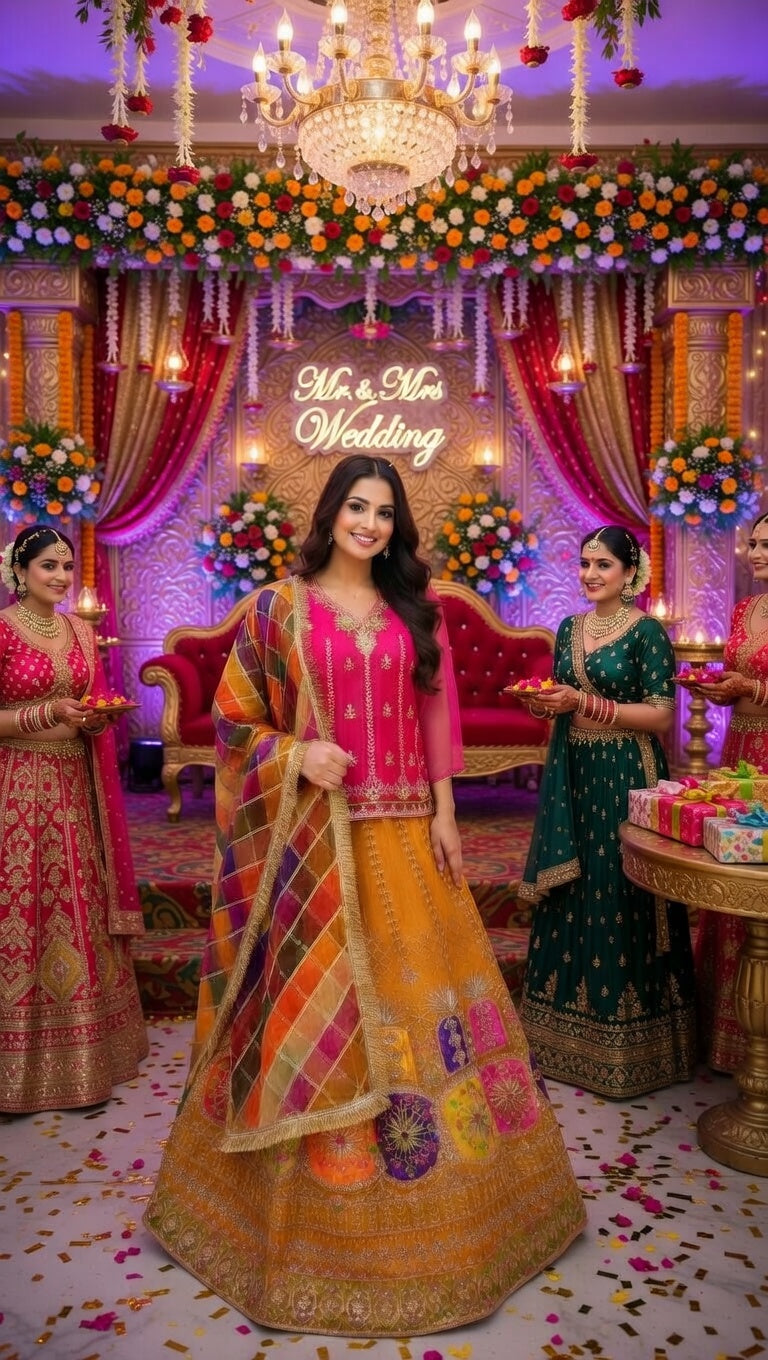 Modishly Pink & Mustard Embroidered Silk Lehenga Choli with Multicolor fancy Net Dupatta Modishly Outlet