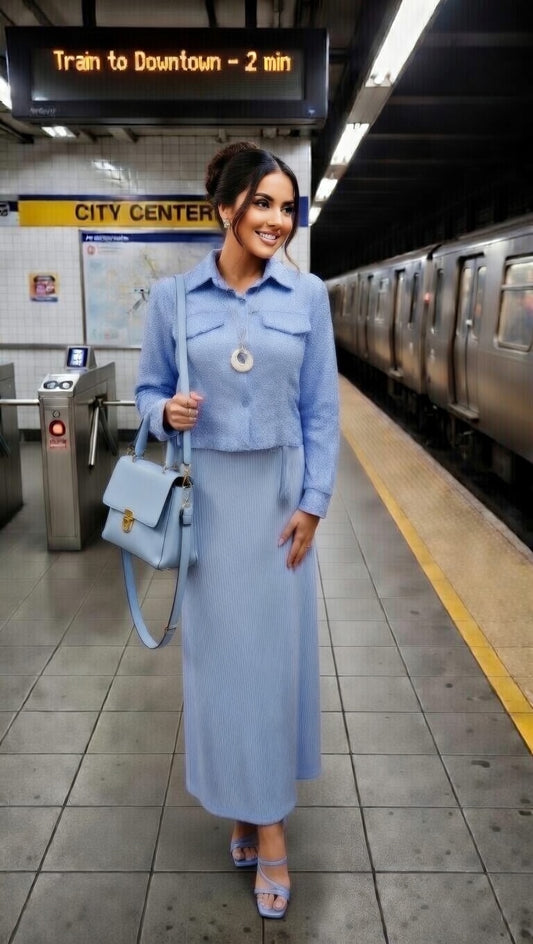 Modishly Elegant Powder Blue Two-Piece Skirt Set, A Modest Chic Matching summer Outfit for Women Modishly Outlet