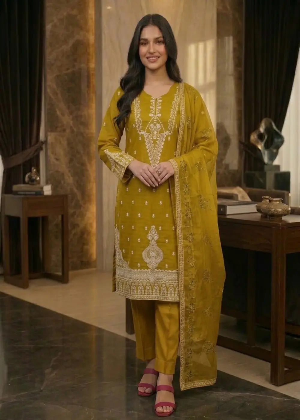 Premium Quality Embroidered  Olive Blossom lawn Suit on 20%  Discount Modishly USA