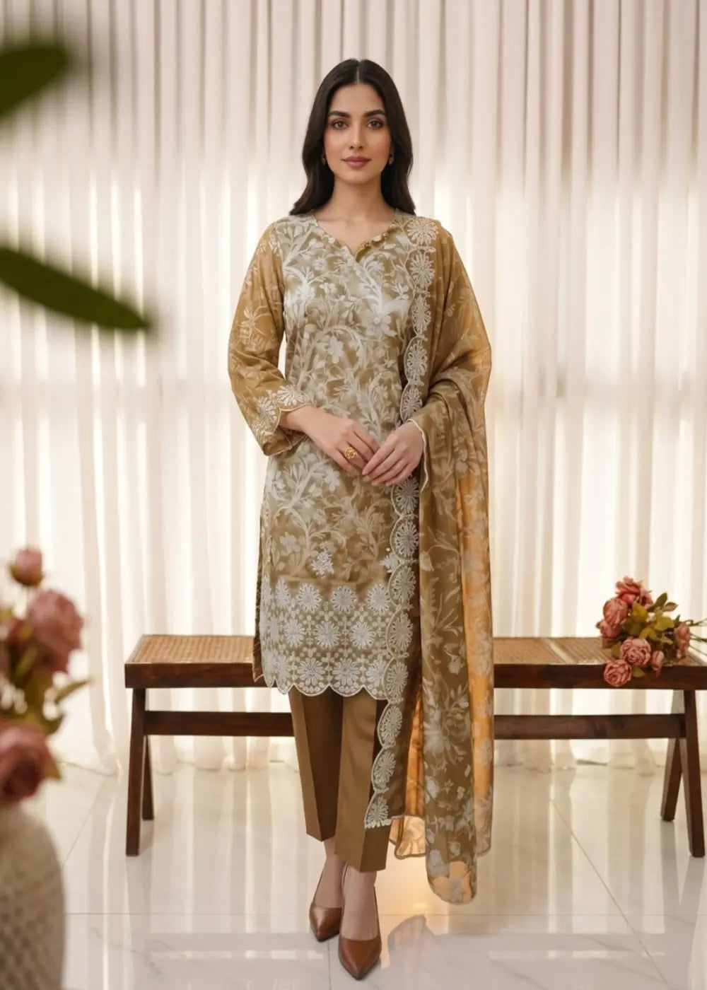 Mustard Earth-Tone Embroidered Ensemble Modishly Outlet